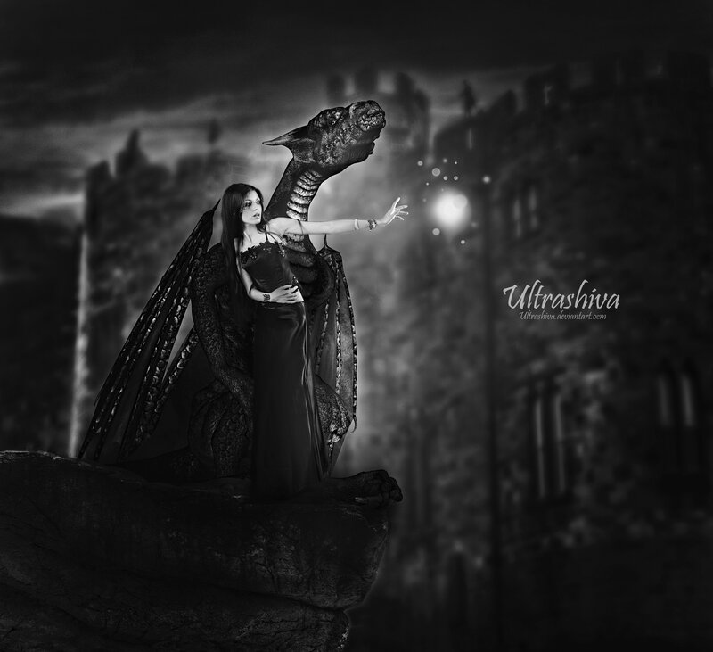 Woman with Dragon — Black, Dramatic, Night, Digital Art, Castle