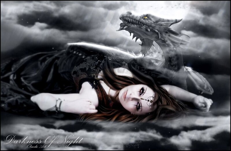 Woman with Dragon — Black, Dramatic, Night, Digital Art, Clouds
