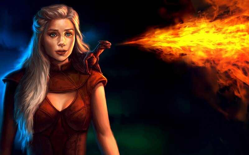 Woman with Dragon — Black, Dramatic, Night, Digital Art, Fire, Blue Light