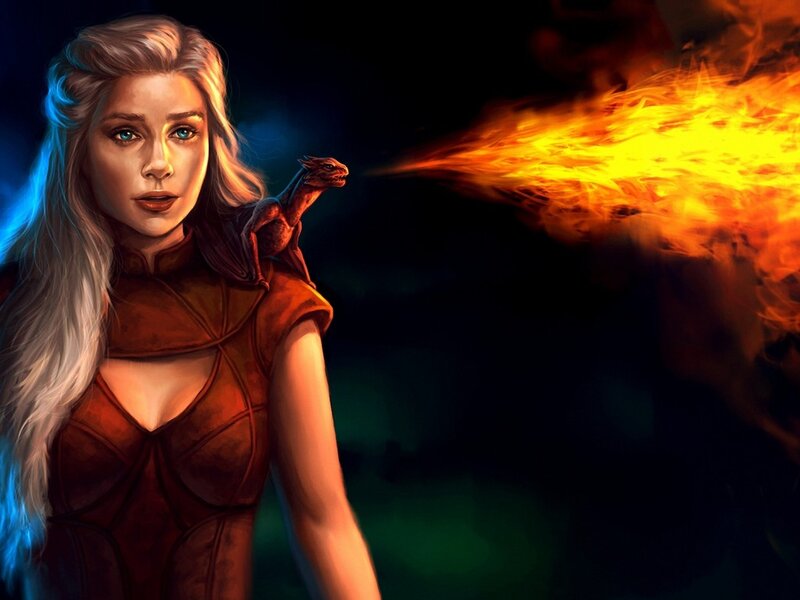 Woman with Dragon — Black, Dramatic, Night, Digital Art, Fire