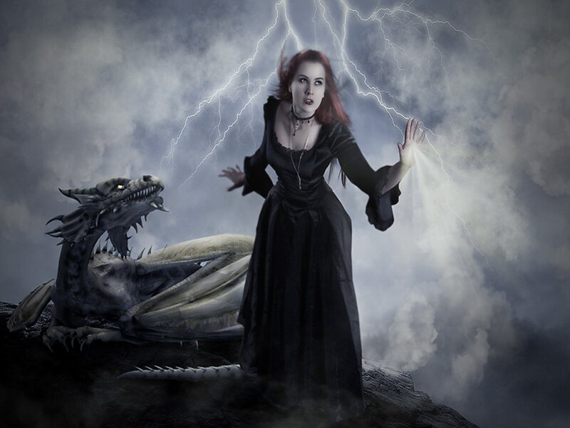 Woman with Dragon — Black, Dramatic, Night, Digital Art, Lightning