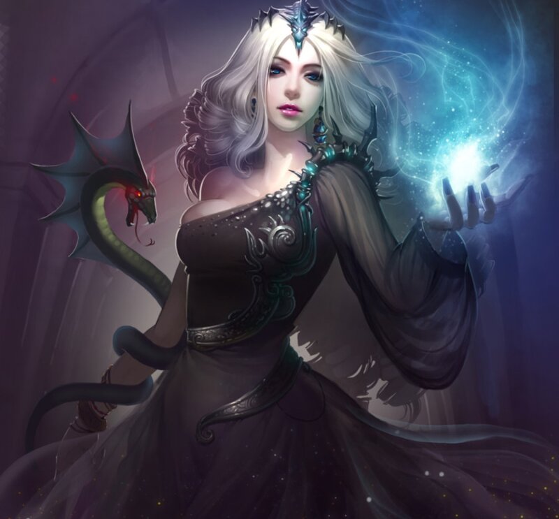 Woman with Dragon — Black, Dramatic, Night, Digital Art, Magic