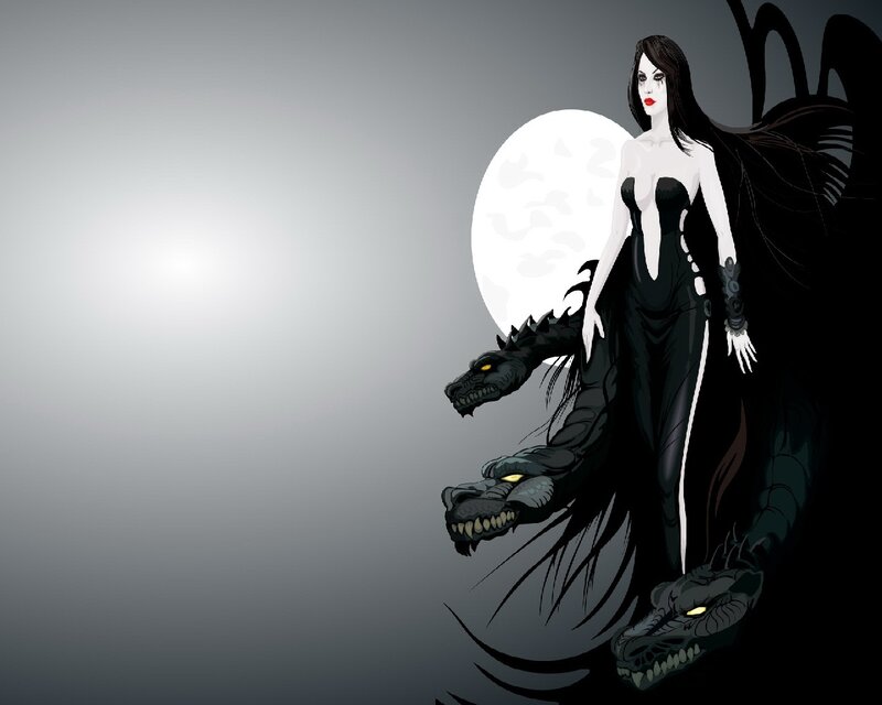 Woman with Dragon — Black, Dramatic, Night, Digital Art, Moon
