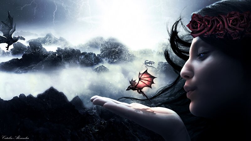 Woman with Dragon — Black, Dramatic, Night, Digital Art, Mountains