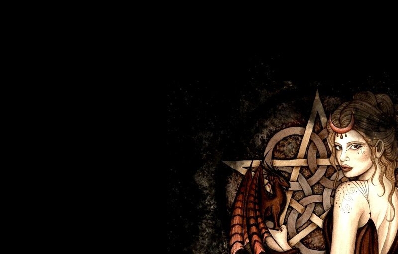 Woman with Dragon — Black, Dramatic, Night, Digital Art, Pentagram