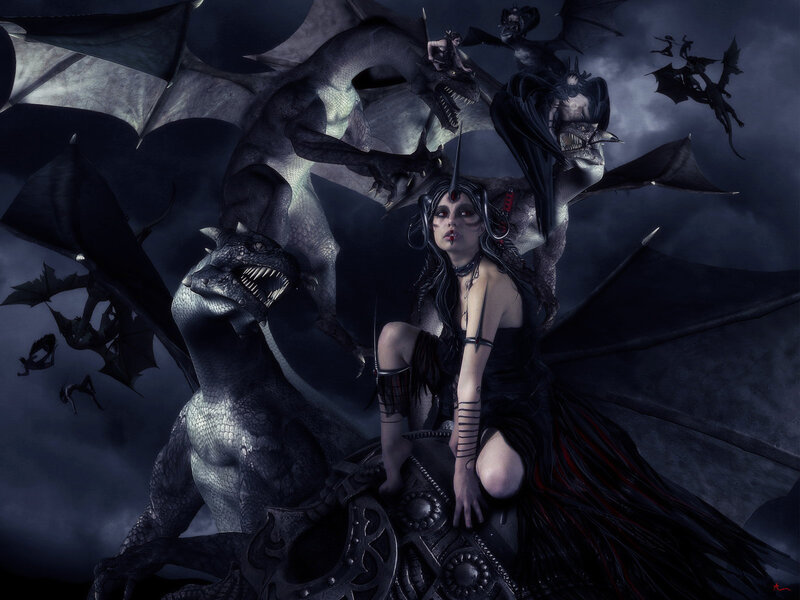 Woman with Dragon — Black, Dramatic, Night, Digital Art
