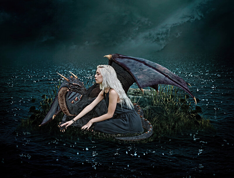 Woman with Dragon — Black, Dramatic, Night, Digital Art, Water
