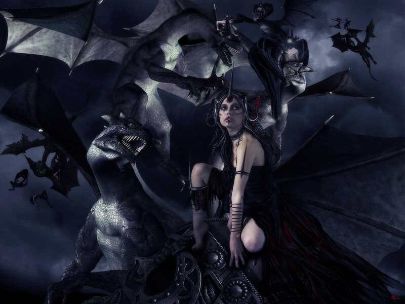 Woman with Dragon — Black, Dramatic, Night