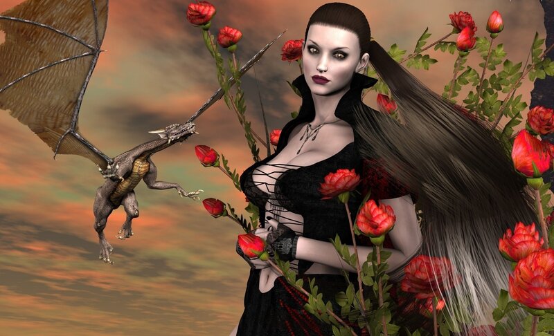 Woman with Dragon — Black, Dramatic, Sunset
