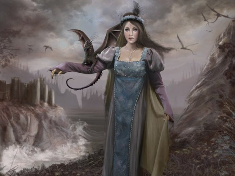 Woman with Dragon — Blue, Dramatic, Digital Art, Castle Ruins
