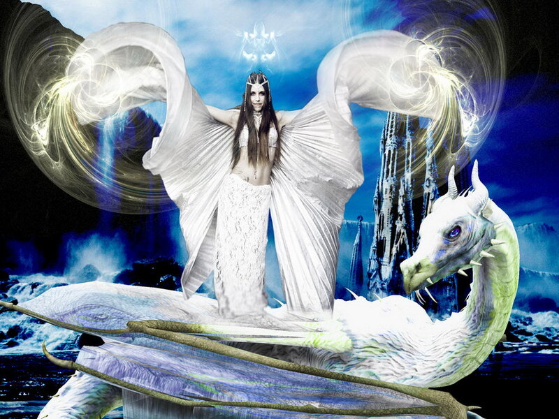 Woman with Dragon — Blue, Dramatic, Digital Art, Castle