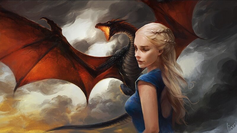 Woman with Dragon — Blue, Dramatic, Digital Art, Clouds, Wings, Red