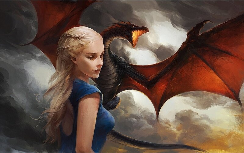 Woman with Dragon — Blue, Dramatic, Digital Art, Clouds, Wings