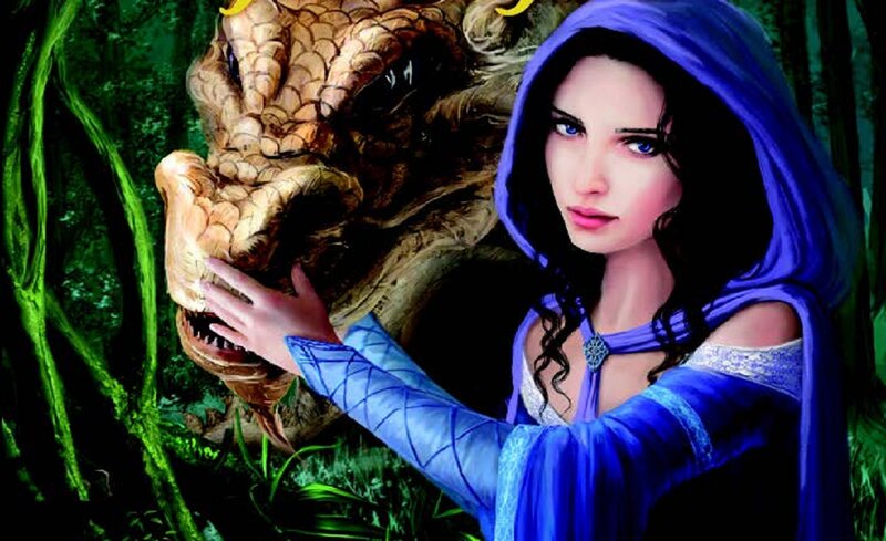 Woman with Dragon — Blue, Dramatic, Digital Art, Forest