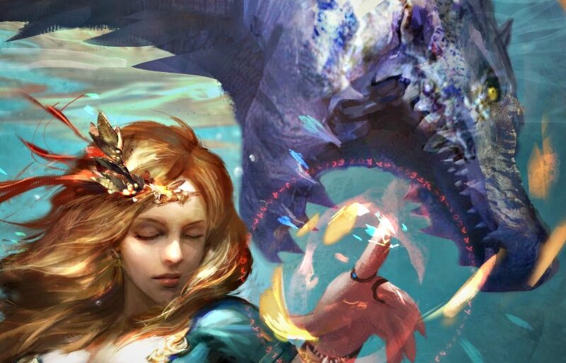 Woman with Dragon — Blue, Dramatic, Digital Art, Magic