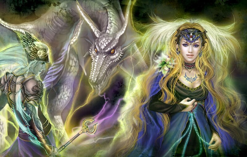 Woman with Dragon — Blue, Dramatic, Digital Art, Scepter
