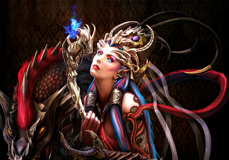 Woman with Dragon — Blue, Dramatic, Digital Art, Staff