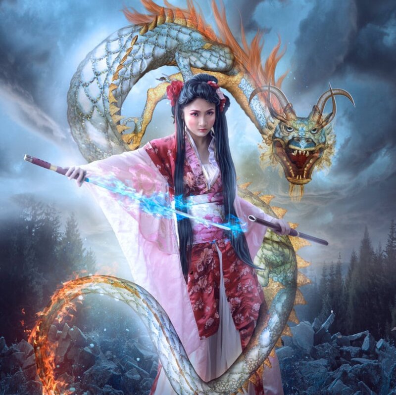 Woman with Dragon — Blue, Dramatic, Digital Art, Sword, Forest