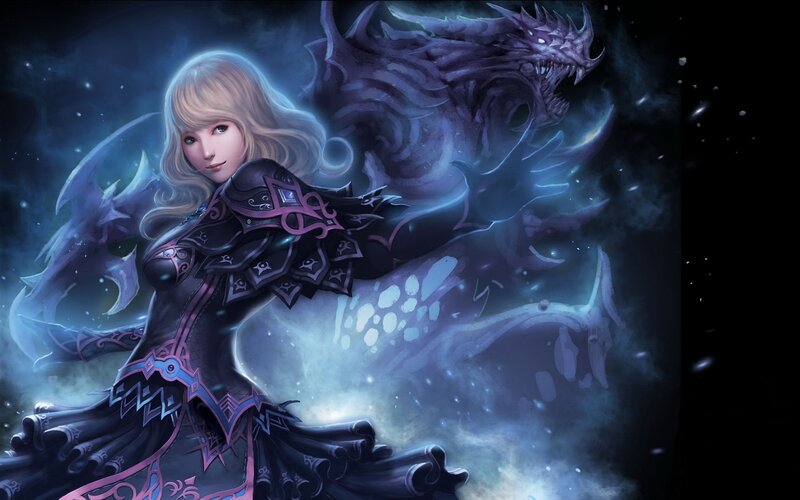Woman with Dragon — Blue, Dramatic, Night, Digital Art, Armor, Space