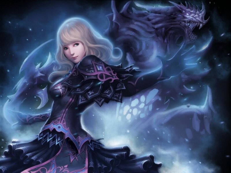 Woman with Dragon — Blue, Dramatic, Night, Digital Art, Armor