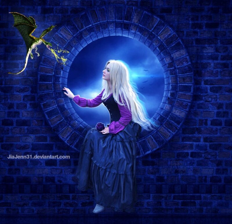 Woman with Dragon — Blue, Dramatic, Night, Digital Art, Bricks