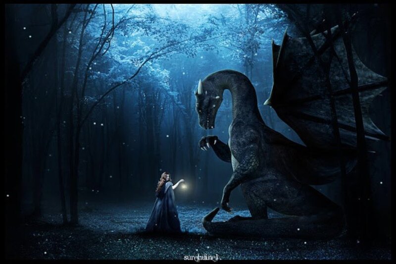 Woman with Dragon — Blue, Dramatic, Night, Digital Art, Forest