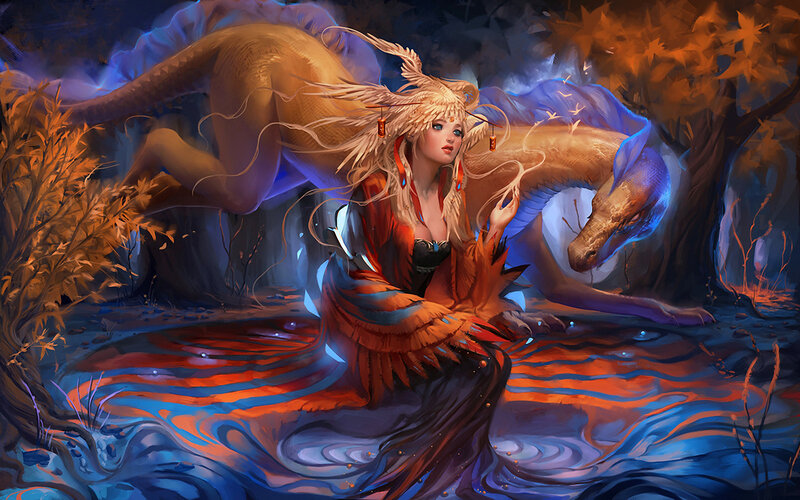 Woman with Dragon — Blue, Dramatic, Night, Digital Art, Forest, Water