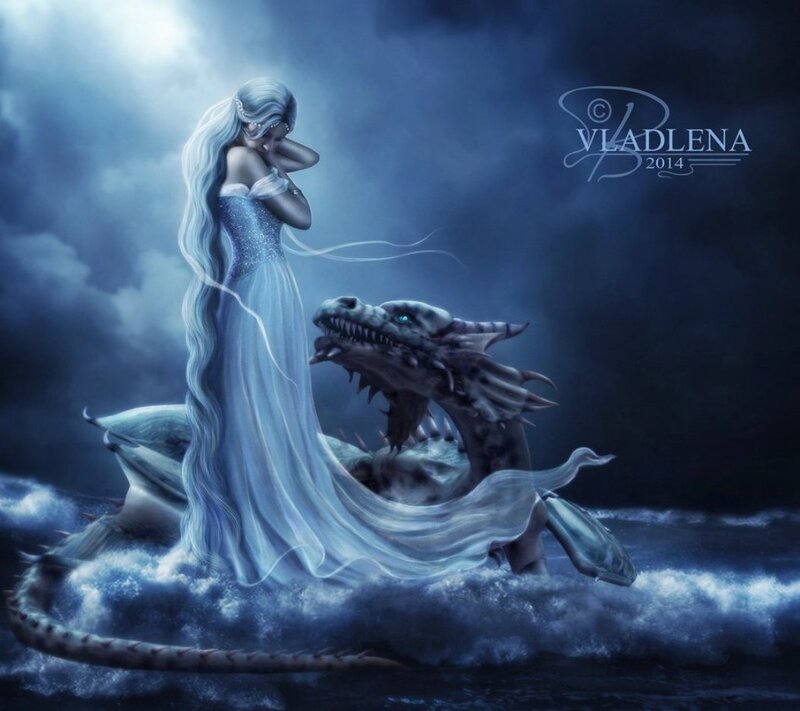 Woman with Dragon — Blue, Dramatic, Night, Digital Art, Ocean