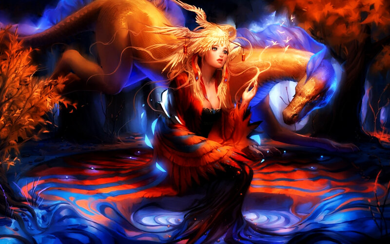 Woman with Dragon — Blue, Dramatic, Night, Digital Art, Water, Forest