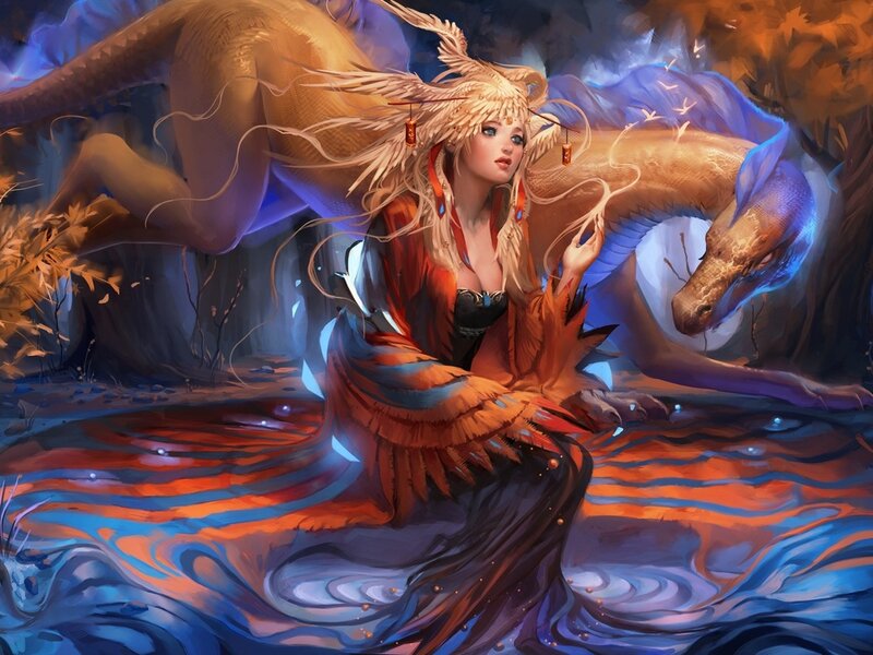 Woman with Dragon — Blue, Dramatic, Night, Digital Art, Water