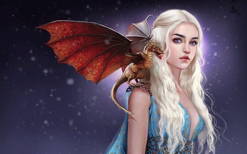 Woman with Dragon — Blue, Dramatic, Night, Digital Art, Wings