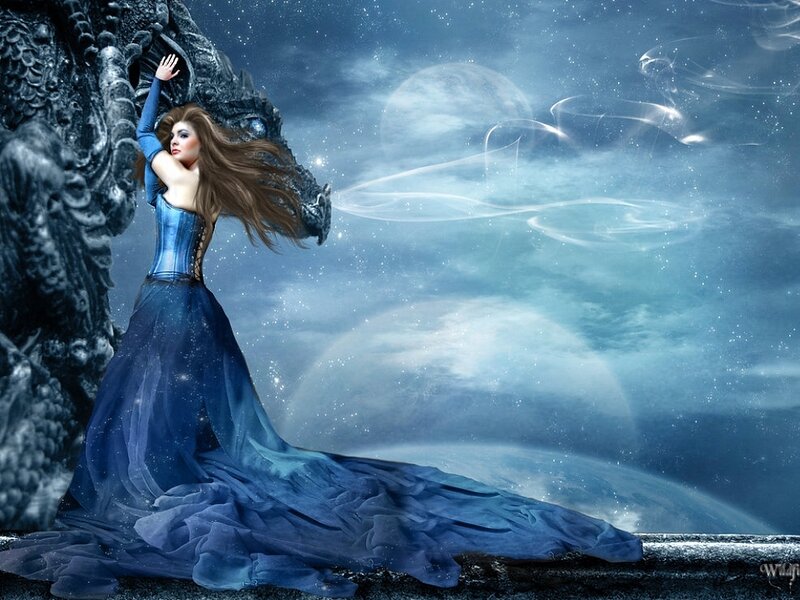 Woman with Dragon — Blue, Dramatic, Night