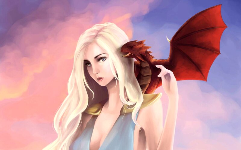 Woman with Dragon — Blue, Dramatic, Sunset