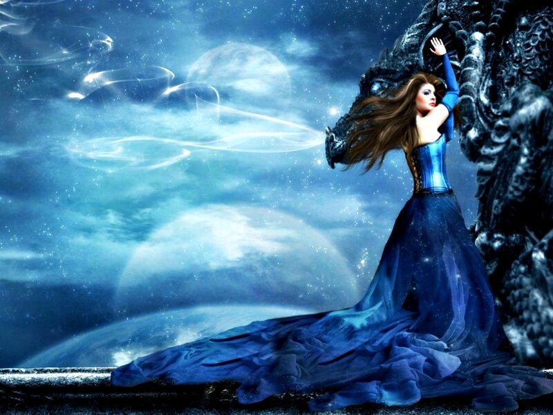 Woman with Dragon — Blue, Fantasy, Night, Digital Art, Planets