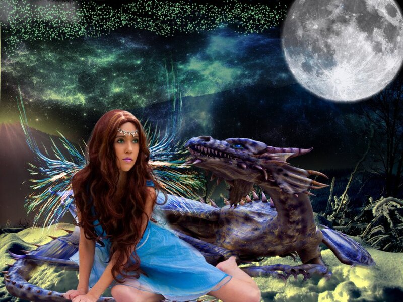 Woman with Dragon — Blue, Fantasy, Night, Digital Art