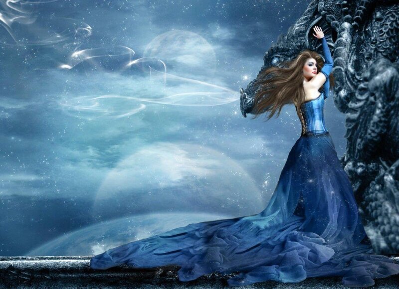 Woman with Dragon — Blue, Fantasy