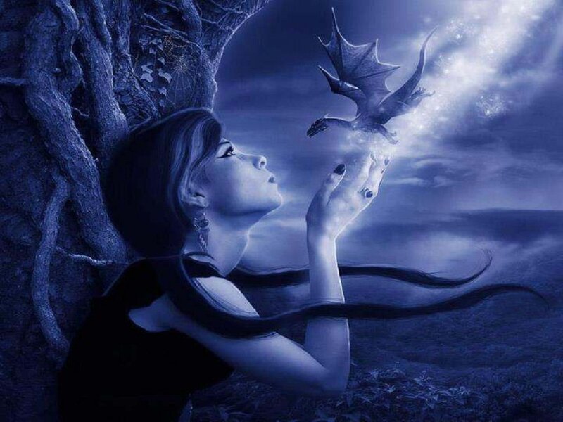 Woman with Dragon — Blue, Mystical