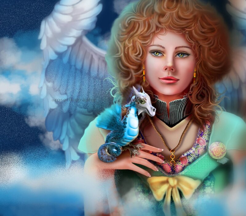 Woman with Dragon — Blue, Serene, Digital Art, Angel Wings