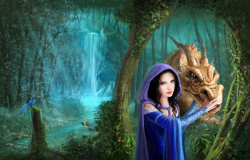 Woman with Dragon — Blue, Serene, Digital Art