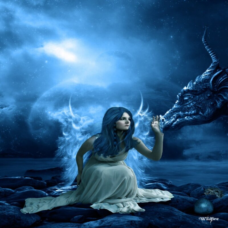 Woman with Dragon — Blue, Serene, Night