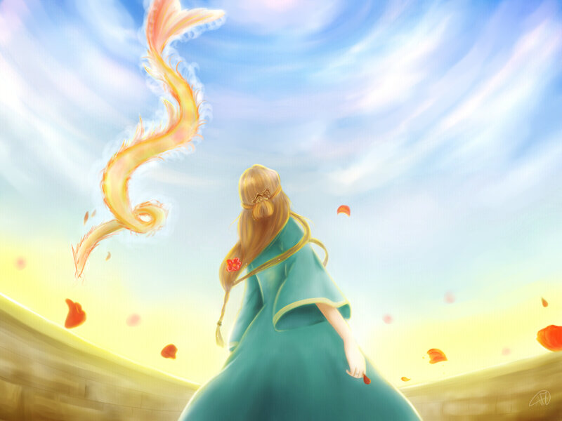 Woman with Dragon — Blue, Serene, Sunset