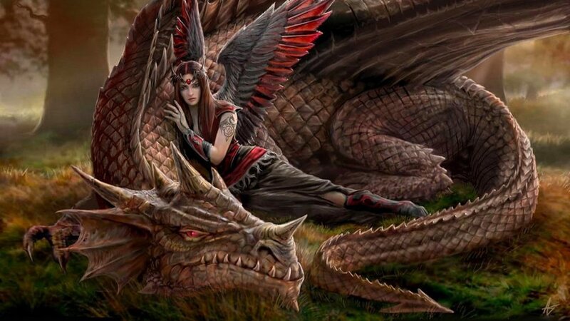 Woman with Dragon — Brown, Dramatic, Afternoon, Digital Art
