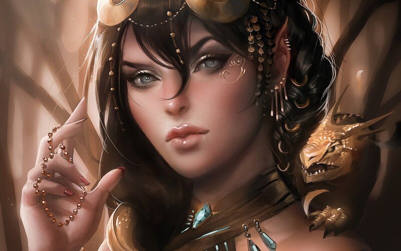 Woman with Dragon — Brown, Dramatic, Digital Art, Beads