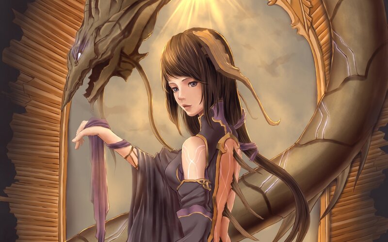 Woman with Dragon — Brown, Dramatic, Digital Art, Cloak