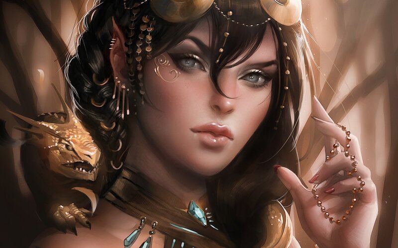 Woman with Dragon — Brown, Dramatic, Digital Art, Jewelry, Beads