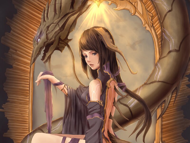 Woman with Dragon — Brown, Dramatic, Digital Art, Robe