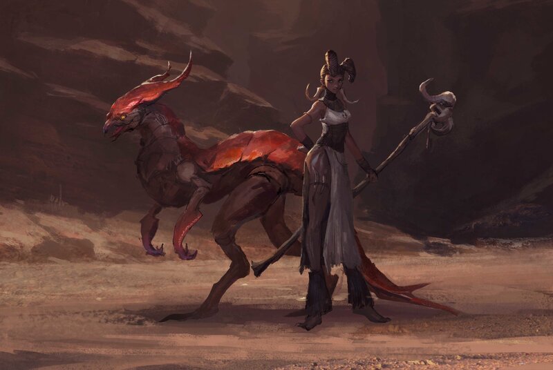 Woman with Dragon — Brown, Dramatic, Digital Art, Staff