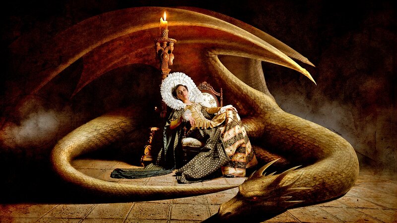 Woman with Dragon — Brown, Dramatic, Night, Digital Art, Candle, Chair