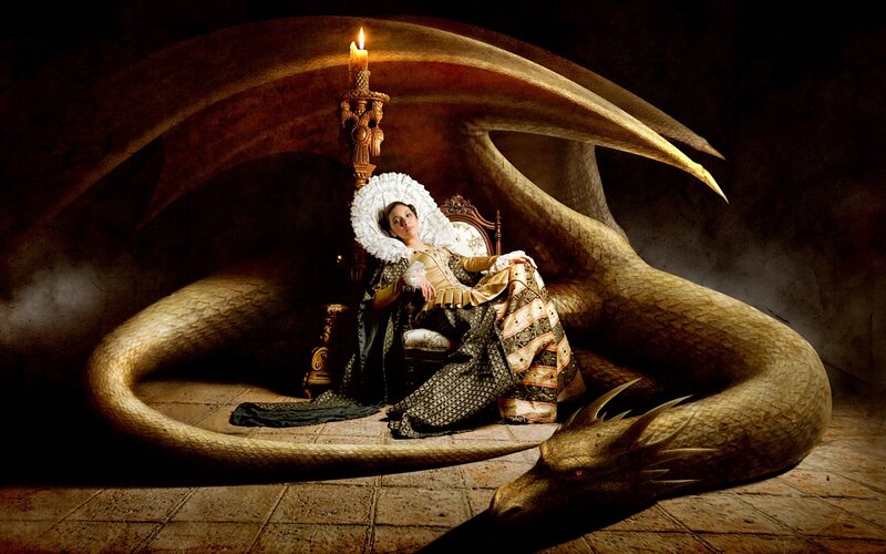 Woman with Dragon — Brown, Dramatic, Night, Digital Art, Candle