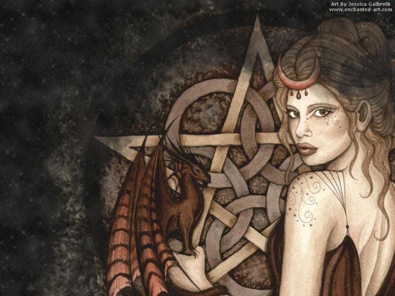 Woman with Dragon — Brown, Dramatic, Night, Digital Art, Pentagram